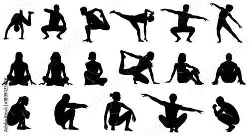 Dynamic yoga poses silhouette collection for wellness brands and flexible lifestyle campaigns, promoting mindfulness and physical health in a modern design asset.