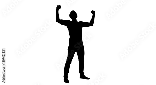 Silhouette of triumphant man celebrating success with arms raised high, a symbol of achievement and victory against a clean white background