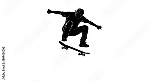 Dynamic silhouette of skateboarder performing mid-air jump, perfect for urban lifestyle brands and action sports promotions, showcasing youthful energy and skill