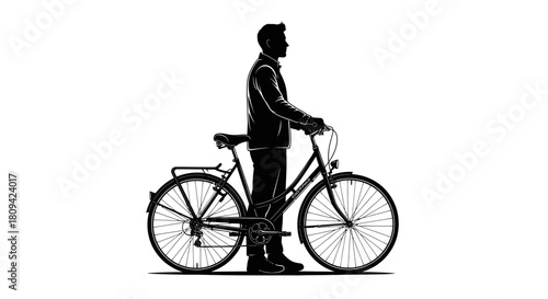 Stylish silhouette of a man with his bicycle, a perfect visual for sustainable travel campaigns or urban lifestyle brands, simple and elegant vector art