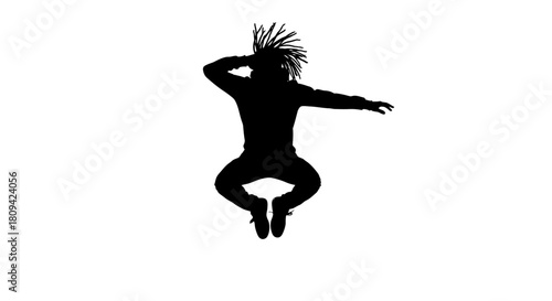 Dynamic silhouette of a person jumping with joyful energy and dreadlocks against a clean white backdrop for creative freedom and powerful impact