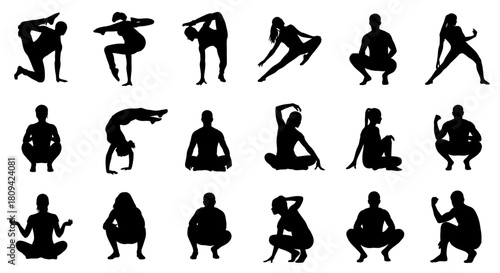 Dynamic fitness silhouettes in action poses for a healthy lifestyle campaign or wellness program promoting strength, flexibility, and balance training
