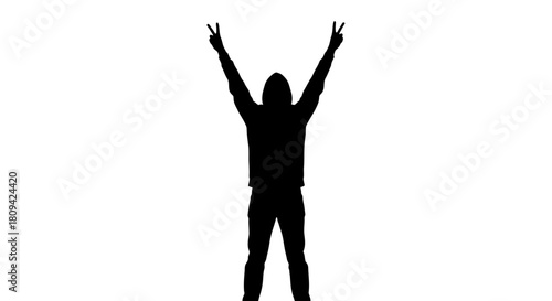 Silhouette of a joyful person with arms raised in victory and peace on white backdrop, ideal for positive messages and impactful visuals