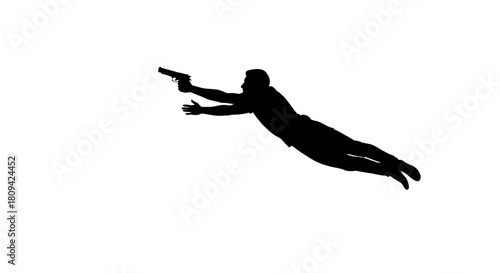 Dramatic silhouette of a man suspended in mid-air holding a pistol, suggesting action, danger, and suspense for thrilling narratives and edgy visual stories