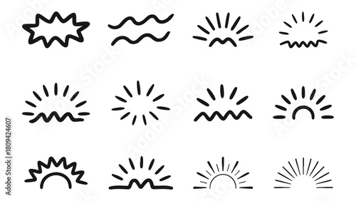 A collection of twelve handdrawn sun and wave vector icons isolated on, perfect for adding a touch of nature and whimsy to your designs and projects
