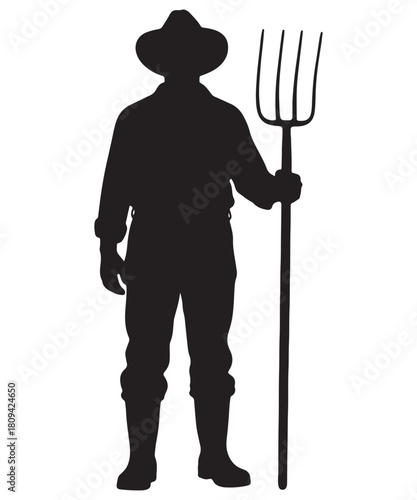 Farmer silhouette standing proudly holding a pitchfork in a classic countryside pose silhouette