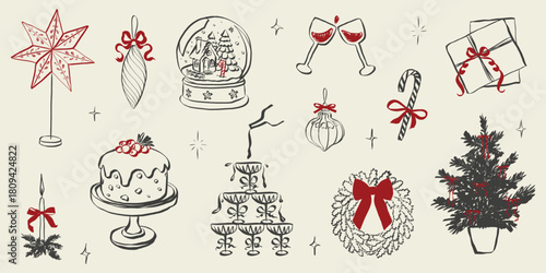 Whimsical party doodles featuring festive dinner table with Christmas tree, champagne pyramid and wine glasses, gift boxes with bows and holiday decorations in Crayon style. Vector illustration
