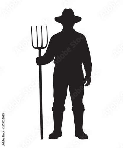 Farmer silhouette standing with pitchfork on white background