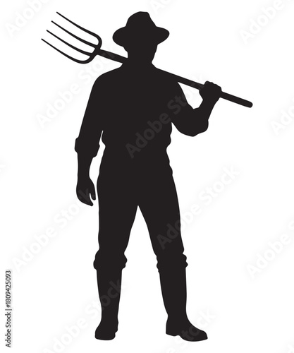 Farmer silhouette holding pitchfork over shoulder in classic style