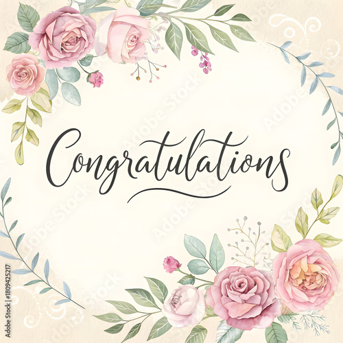 Elegant floral congratulations design with delicate roses and leaves, perfect for celebrations and special occasion greetings with a touch of vintage charm