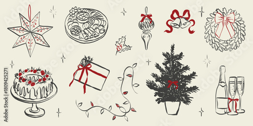 Christmas party sketch illustration with vintage hand-drawn elements such as festive dinner setup, champagne bottles, wrapped presents, pine branches in cute doodle aesthetic