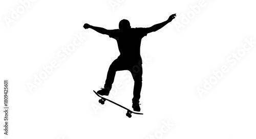 Dynamic silhouette of skateboarder performing mid-air trick, symbolizing freedom, youth, and urban lifestyle, ideal for sports or recreation themes