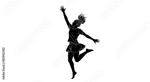 Silhouette of a young woman jumping for joy with arms raised in celebration, exuding positive energy and happiness, perfect for inspirational content