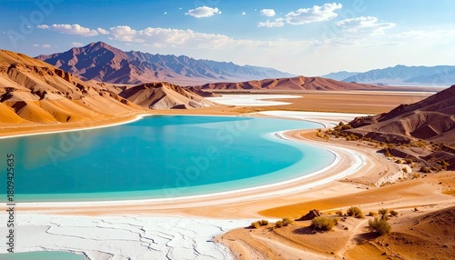 Fototapeta Naklejka Na Ścianę i Meble -  A vibrant turquoise lake is nestled within a vast, arid desert landscape, featuring rolling hills, sand dunes, and distant mountains under a clear blue sky.