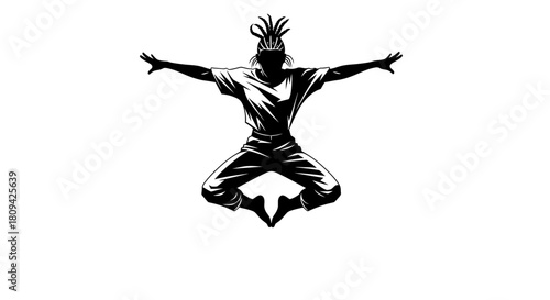 Dynamic silhouette of a dancer jumping with energy and flair, perfect for urban lifestyle, music, and dance concepts with bold expressions