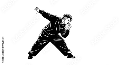 Dynamic monochrome illustration of a stylish woman in streetwear shouting with hands up, perfect for edgy urban designs or bold fashion statements