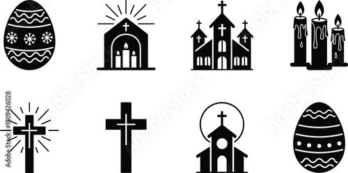 Set of Black Silhouette Vector Icons Representing Easter and Christianity, Including Crosses, Churches, Candles, and Decorated Easter Eggs for Religious Design.