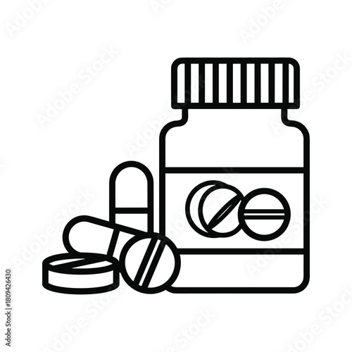 Simple line art illustration of a medicine bottle with pills, isolated on, in a minimalist style