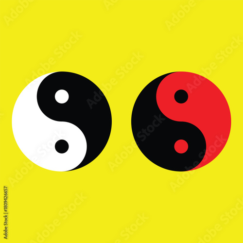 Two yin yang symbols in black, white, and red harmony Vector