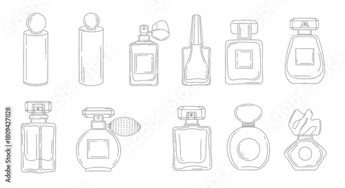 A collection of hand-drawn line art illustrations depicting various perfume and fragrance bottles in different shapes and styles.