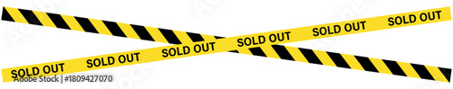 A yellow and black striped tape with the words sold out written across it on a white background