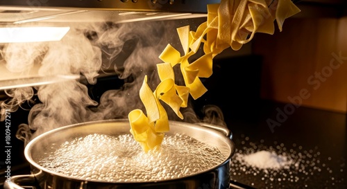 Uncooked pasta being dropped into boiling water in kitchen  