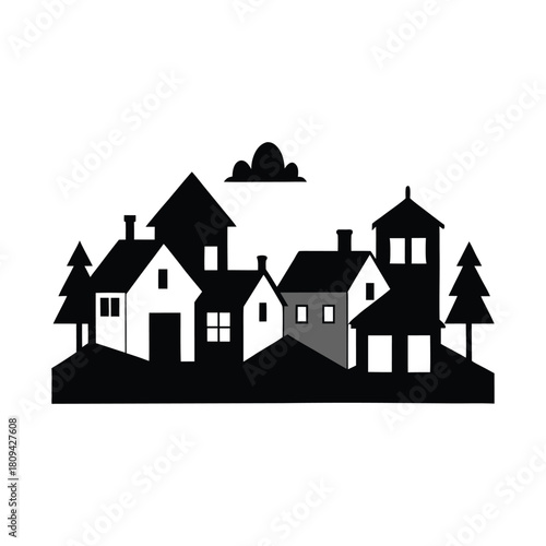 Stylized Silhouette of a Village with Trees and Cloud