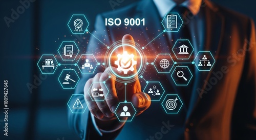 ISO 9001 Quality Management Hologram — Certification Badge, Checklist and Gavel Icons