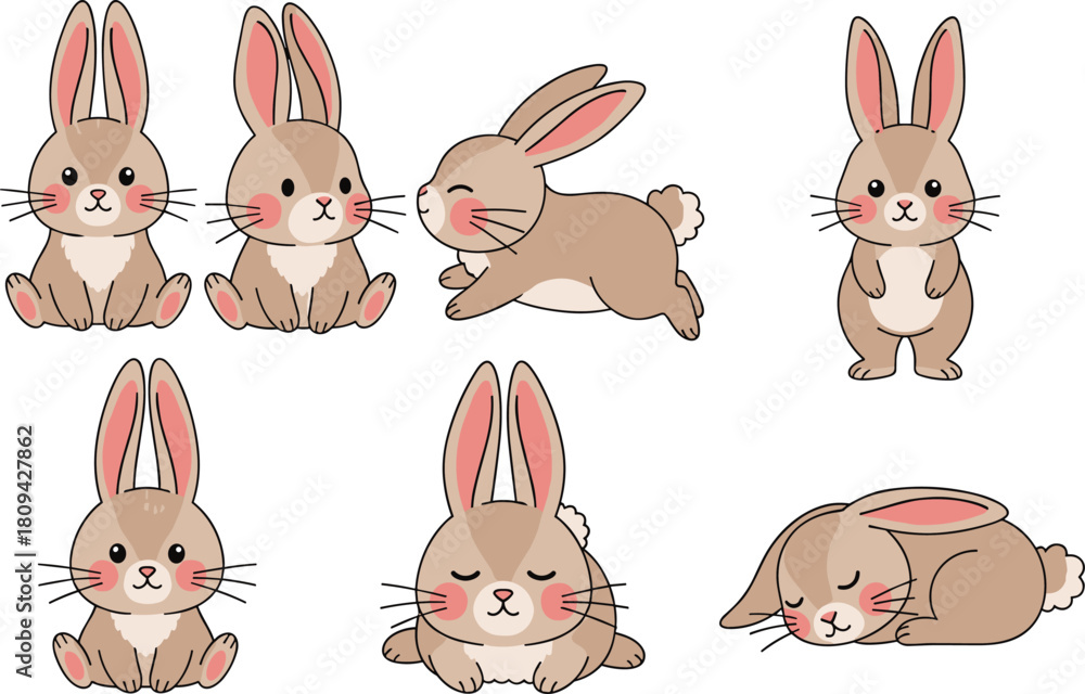 Obraz premium Set of Cute Cartoon Bunny Rabbit Poses, Including Sitting, Sleeping, and Running, Perfect Vector Collection for Easter, Spring, and Kids' Design.