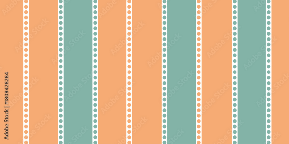 Fototapeta premium Alternating vertical stripes in peach and teal with white dotted lines for a retro aesthetic look