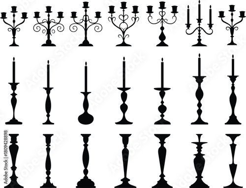 Set of black candlestick and candelabra silhouettes, vintage candle holders, gothic home decor vector icons collection, retro design