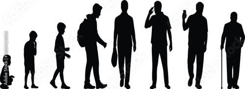 Vector illustration showing life stages of a man from baby to senior citizen, black silhouettes isolated on white background