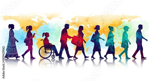 Diverse community walking together toward progress, united across the globe showing equality and inclusion for everyone, illustrated for social impact