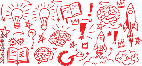 Creative hand drawn doodles of light bulbs, brain, rocket.  Creative ideas and innovation symbols doodle art. A vibrant red doodle illustration featuring symbols of creativity, ideas, and innovation