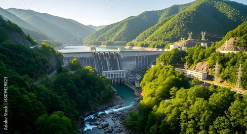 Aerial view of a dam surrounded by lush green mountains and a river under a clear blue sky day 100 chr