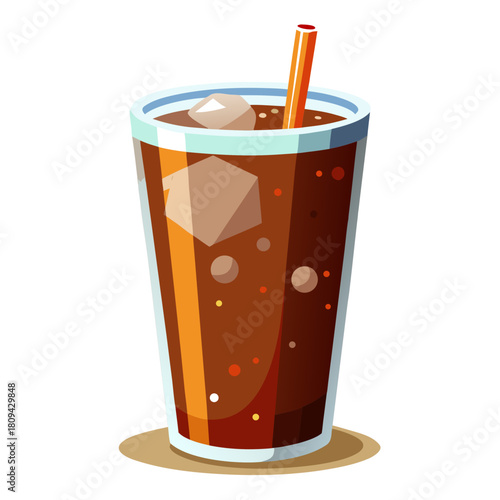 An iced cola drink in a transparent cup with condensation droplets, placed on a smooth white background, highlighting clarity and refreshment.