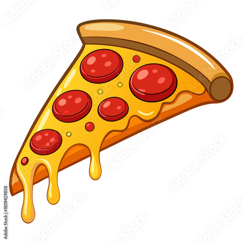 A fresh pepperoni pizza slice lifted slightly to show melted cheese stretch, captured on a plain white background with realistic food styling.
