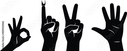 Set of black hand silhouettes showing various gestures like okay, pointing up, victory sign, and open palm, vector illustration