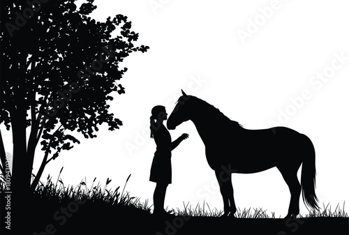 Silhouette of girl standing with horse under large tree, nature meadow landscape, animal friendship vector illustration, isolated on white background