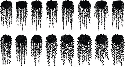 Set of sixteen black hanging plant silhouettes, vector illustration of potted vines, nature design elements for home decor, isolated on white background.