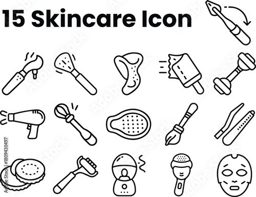 Collection of 15 hand drawn skincare and beauty treatment icons for cosmetics and wellness