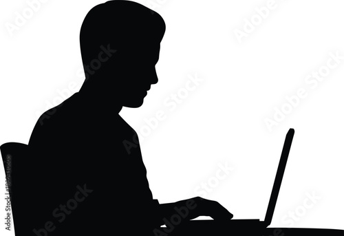 Silhouette of man working on laptop at desk, typing on computer keyboard, office worker vector illustration, isolated on white background