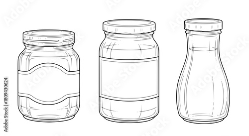 Vector of various food jars mockups, including honey jar, jam jar, and sauce jar, separated, clean outlines, minimalistic