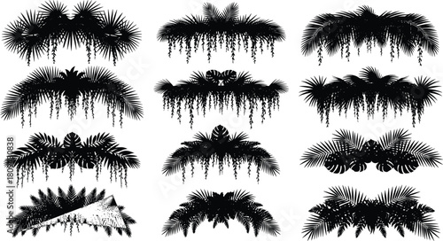 Set of twelve black tropical palm leaf silhouettes, vector illustration of jungle foliage with hanging vines, decorative nature elements isolated on white background.