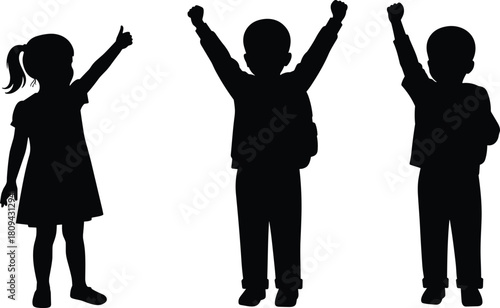 Silhouette of happy children raising hands in excitement, vector illustration of cheerful kids celebrating success, teamwork, friendship, childhood joy concept