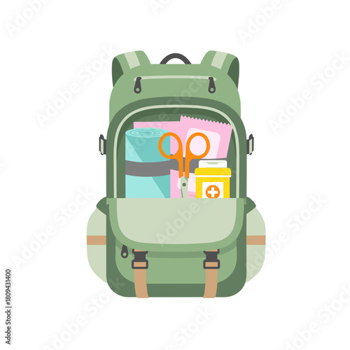 Hiking backpack with first aid supplies and medical items inside  