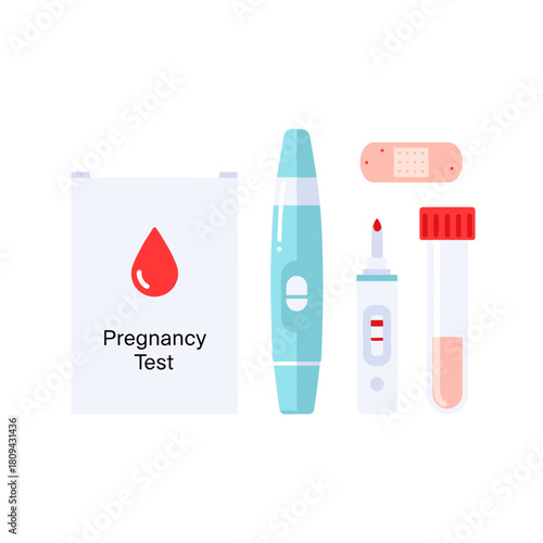 Pregnancy test kit with blood test vial and band-aid on white background  