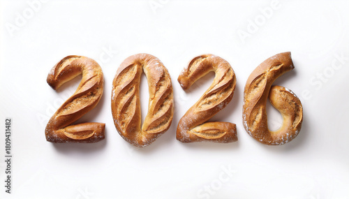 Writing the Year 2026 with French Baguette, 2026 Baguette Bread Typography on White Background – Artisan Bakery Art, Writing the Year 2026 with Bread, 2026 Bread Typography on White Background – Rusti