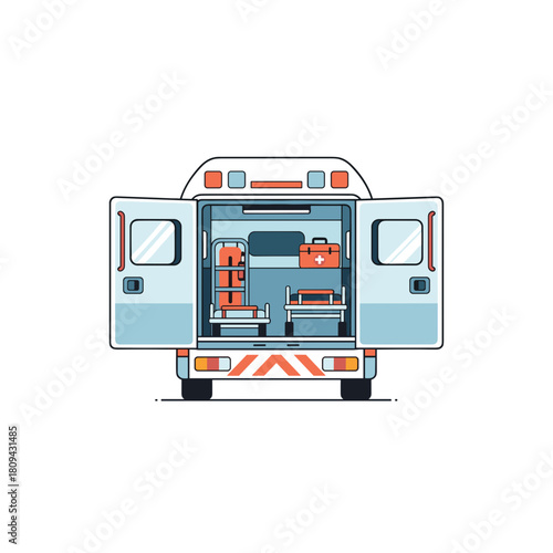 Open ambulance doors revealing medical equipment and supplies  