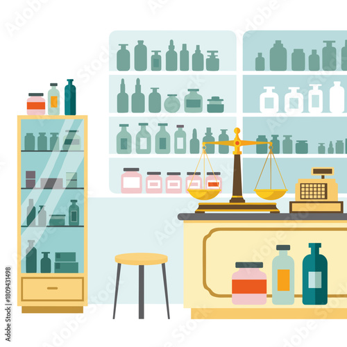 Vintage pharmacy interior with scales and shelves filled with bottles  